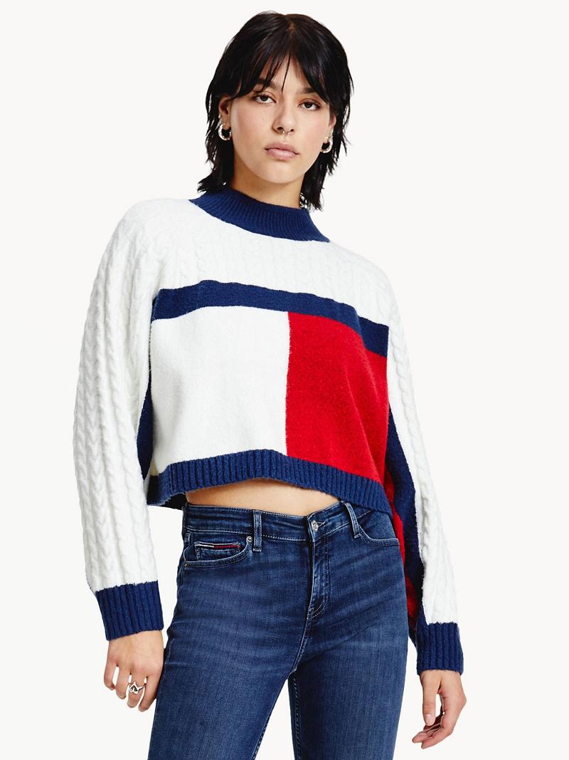 Női Tommy Hilfiger Recycled Flag Pulóverek Sötétkék Színes | HU 361HAP